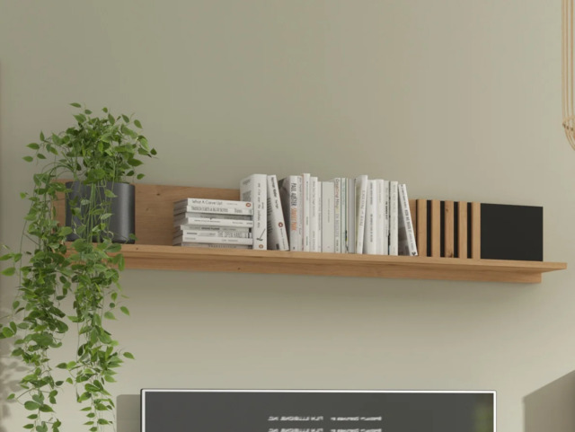 Floating Wall Shelf Storage Display Shelving 135cm Black and Oak with Slats – Vabres - image 1