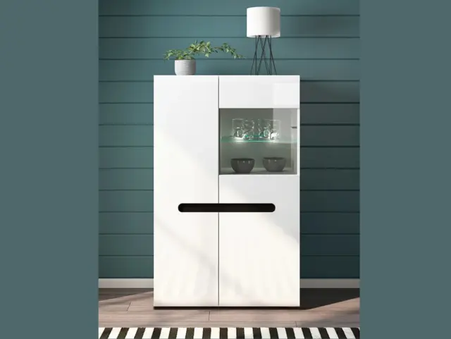 White Gloss Glass Display Cabinet Wide Buffet Sideboard LED Lights Unit with Multi Insert - Azteca Trio - image 1