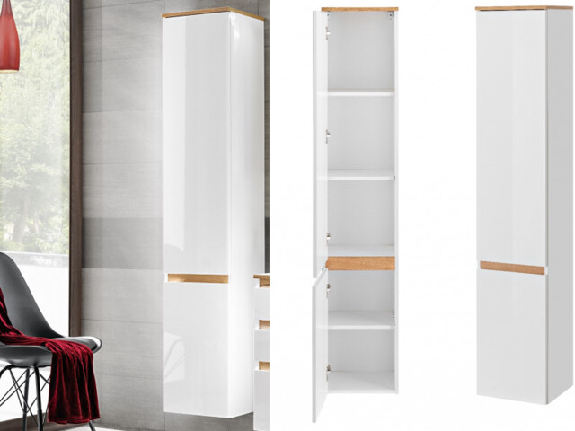 Tall Slim Bathroom Cabinet Modern Wall Hung Storage Tallboy White Gloss Oak - Platinum - image 1