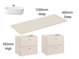 Double Vanity Unit with Basins Beige Wall Hung Bathroom Sink Cabinet 120cm Countertop Drawer - Donna - thumbnail 3