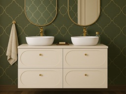 Double Vanity Unit with Basins Beige Wall Hung Bathroom Sink Cabinet 120cm Countertop Drawer - Donna - thumbnail 4