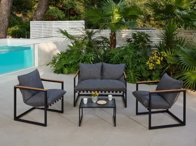 Garden Furniture Sofa Set Outdoor 2 Seater Chairs Coffee Table Lounge Set Black Frame Grey Cushions - Porto - image 1