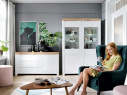 Living Room Furniture Set Display Cabinets Sideboard and LED Lights Modern Scandi White Gloss Oak - Holten