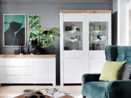 Living Room Furniture Set Display Cabinets Sideboard and LED Lights Modern Scandi White Gloss Oak - Holten - thumbnail 2