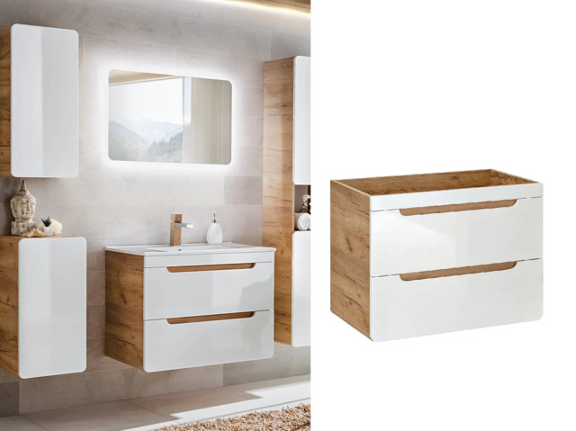 Wall Hung Vanity Unit 800mm Sink Bathroom Cabinet with Drawers Storage Oak White Gloss - Aruba - image 1
