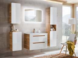 Wall Hung Vanity Unit 800mm Sink Bathroom Cabinet with Drawers Storage Oak White Gloss - Aruba - thumbnail 2