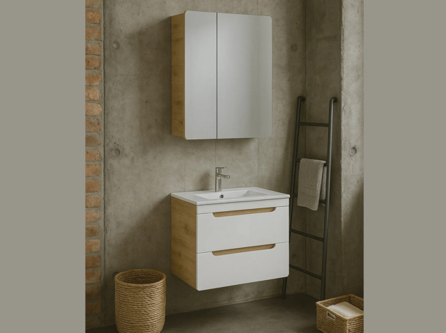 Bathroom Sink Vanity Unit 600mm with Mirror Wall Storage Furniture Set White Gloss Oak Aruba - image 1
