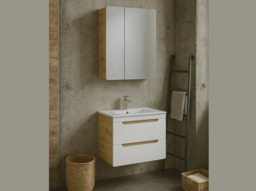Bathroom Sink Vanity Unit 600mm with Mirror Wall Storage Furniture Set White Gloss Oak Aruba - thumbnail 1