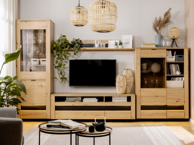 Living Room Furniture Set with Glass Display Cabinets TV Unit Shelf Oak and Black with LED Lights - Ostia - image 1