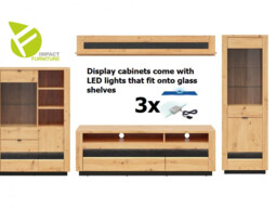Living Room Furniture Set: Tall Glass Display Units, TV Stand, Shelf Oak / Black Effect with LED Lights - Ostia - thumbnail 2