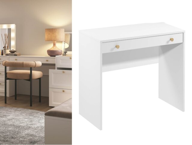Narrow Dressing Table Small White Make Up Vanity Desk Slim Drawer Storage 90cm Compact Unit Gold Handles - Rel - image 1