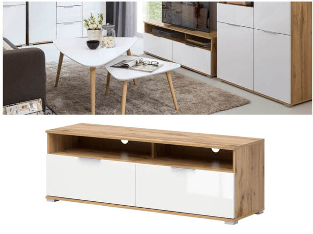 Modern Small TV Stand White Gloss Cabinet with Drawers Oak Unit Oak Media Table - Zele - image 1