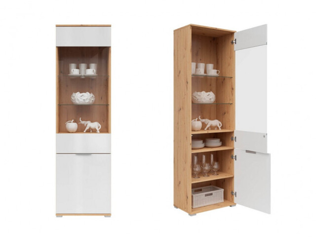 Tall Glass Display Cabinet Storage Slim 2 Doors Unit White Gloss Light Oak - Zele - image 1