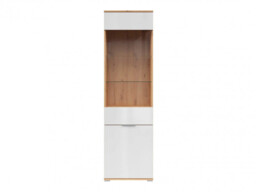 Tall Glass Display Cabinet Storage Slim 2 Doors Unit White Gloss Light Oak - Zele - thumbnail 3