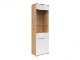 Tall Glass Display Cabinet Storage Slim 2 Doors Unit White Gloss Light Oak - Zele - thumbnail 2