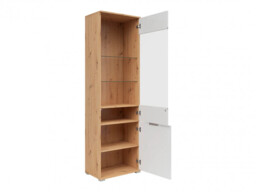 Tall Glass Display Cabinet Storage Slim 2 Doors Unit White Gloss Light Oak - Zele - thumbnail 4