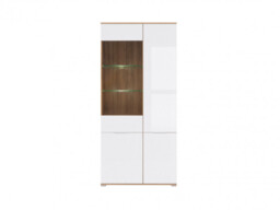 Modern White Gloss & Oak Wide Tall Glass Fronted Display Cabinet Storage 4 Door Unit with LED Light - Zele - thumbnail 2