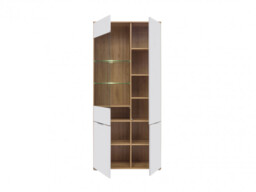 Modern White Gloss & Oak Wide Tall Glass Fronted Display Cabinet Storage 4 Door Unit with LED Light - Zele - thumbnail 3