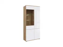 Modern White Gloss &amp Oak Wide Tall Glass Fronted Display Cabinet Storage 4 Door Unit with LED Light - Zele