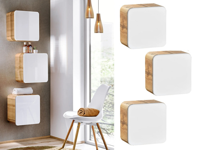 Small Bathroom Cabinet Wall Mounted Set of 3 Square Storage Cube Units White Gloss Oak Modern Scandi - Aruba - image 1