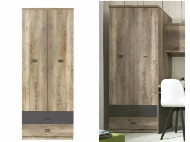 Double Wardrobe with Drawers 2 Door Storage Unit Urban Free Standing Oak Effect / Grey Finish - Malcolm - image 1