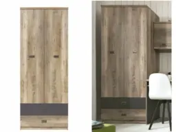 Double Wardrobe with Drawers 2 Door Storage Unit Urban Free Standing Oak Effect / Grey Finish - Malcolm - thumbnail 1