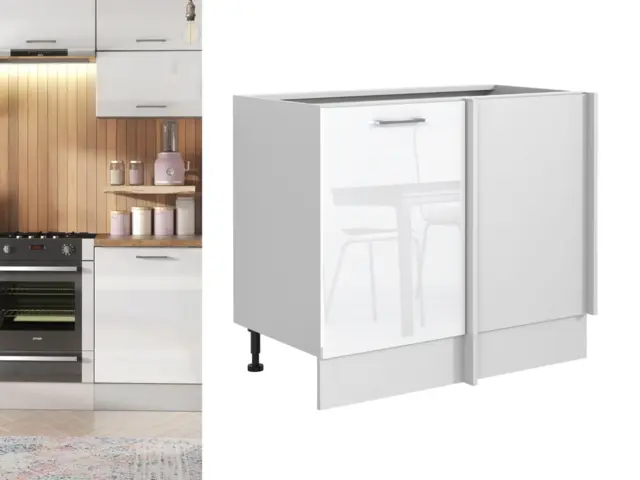 Corner Cabinet Kitchen Cupboard Base Unit White Gloss Straight Line Corner Storage L R - Ella - image 1