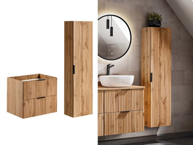 Oak Bathroom Furniture Floating Set Wall Hung Vanity 600mm Tall Storage Unit Ribbed Fluted Oak Effect - Adel - image 1