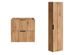 Oak Bathroom Furniture Floating Set Wall Hung Vanity 600mm Tall Storage Unit Ribbed Fluted Oak Effect - Adel - thumbnail 2
