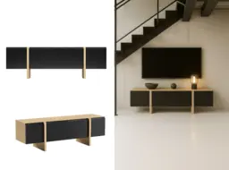Black and Oak TV Stand Cabinet 160cm Media Entertainment Storage Unit with Doors for up to 65 inch TV - Kiznie