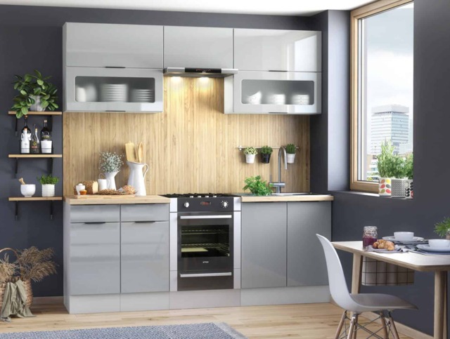 Kitchen Cabinets 6 Unit Cupboards Set 220cm DIY Fitted Package Light Grey Gloss - Star - image 1