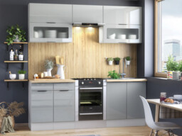 Kitchen Cabinets 6 Unit DIY Cupboards Set 220cm Scandinavian Glass Display Light Grey Gloss - Star