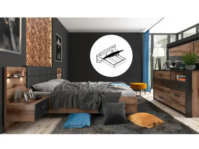 King Size Ottoman Storage Bed Frame Wooden Oak Effect with Bedsides LED Lights USB Ports Black Sideboard - Kassel - image 1