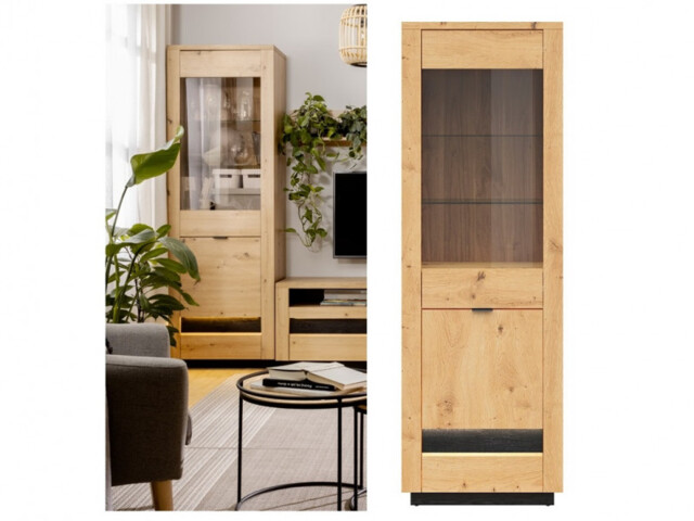 Slim Glass Display Dresser Cabinet Tall Unit 2 Doors Artisan Oak and Black Effect with LEDs - Ostia - image 1