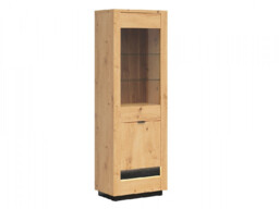 Slim Glass Display Dresser Cabinet Tall Unit 2 Doors Artisan Oak / Burnt Board Effect with LEDs - Ostia - thumbnail 3