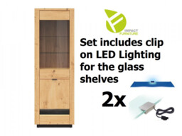 Slim Glass Display Dresser Cabinet Tall Unit 2 Doors Artisan Oak / Burnt Board Effect with LEDs - Ostia - thumbnail 2