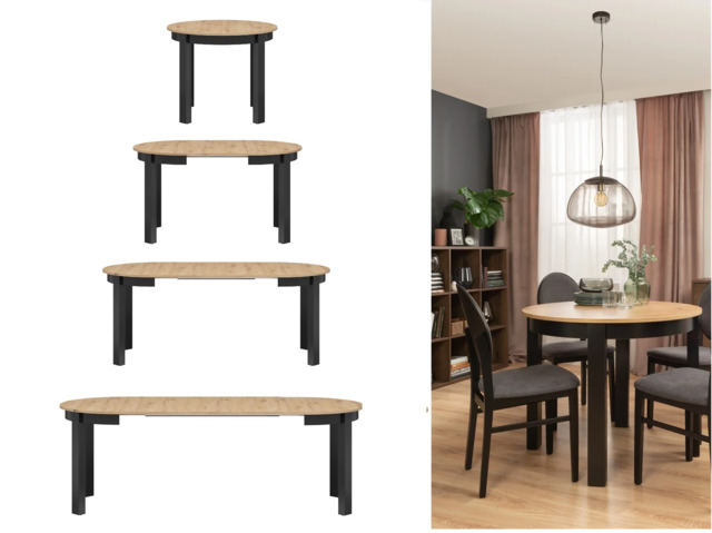 Round Extendable Dining Table Oval Oak Effect Top Black Legs 4 6 8 10 12 Seater Extends 105cm to 240cm – Indus - image 1
