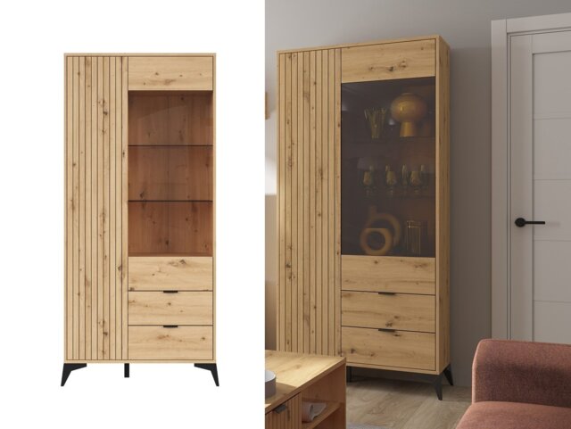 Tall Glass Display Cabinet Modern Soft Close Glazed Glass Shelves 2 Drawers Slatted Oak Effect Black Legs – Lamea - image 1