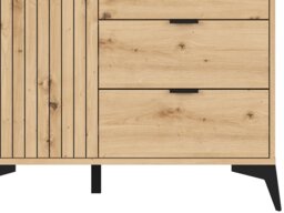 Tall Glass Display Cabinet Modern Soft Close Glazed Glass Shelves 2 Drawers Slatted Oak Effect Black Legs – Lamea - thumbnail 4