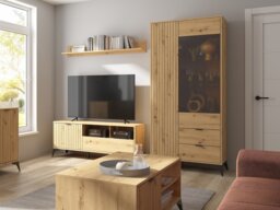Tall Glass Display Cabinet Modern Soft Close Glazed Glass Shelves 2 Drawers Slatted Oak Effect Black Legs – Lamea - thumbnail 2