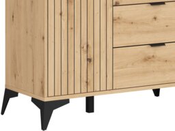 Tall Glass Display Cabinet Modern Soft Close Glazed Glass Shelves 2 Drawers Slatted Oak Effect Black Legs – Lamea - thumbnail 3