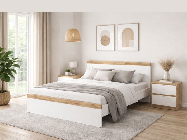 Scandi King Size Bed Frame with 160cm Euro Wooden Slats White Gloss and Oak High Headboard - Holten - image 1