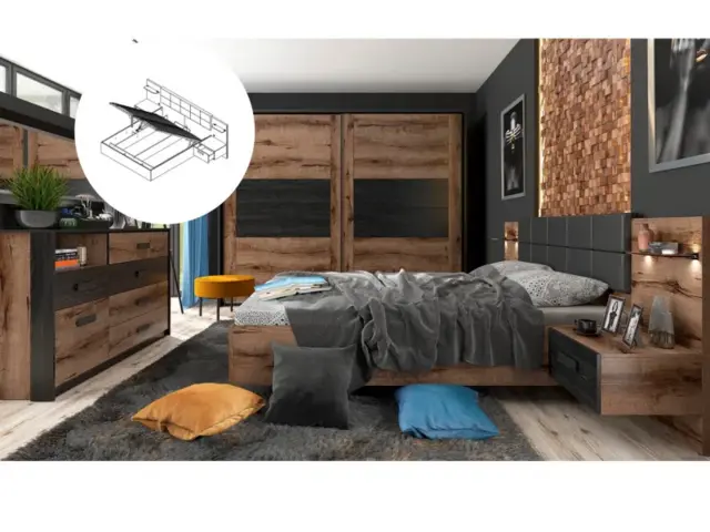 Super King Size Bedroom Furniture Set Ottoman Storage Bed Bedsides Sideboard Sliding Wardrobe Oak Black - Kassel - image 1