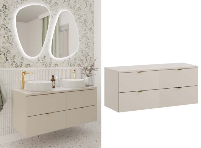 Double Vanity Unit Countertop Worktop 1200mm Modern Wall Mounted 4 Drawer Cabinet Floating Bathroom Beige - Dalia - image 1
