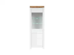 Tall Narrow Display Cabinet with Glass Doors Slim Showcase Buffet White Gloss Unit LED Lights Scandi - Holten - thumbnail 4