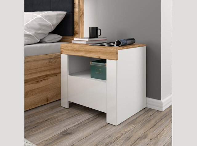 White Gloss Bedside Cabinet Side Table Night Stand with Drawer Bedroom Lounge Scandi Bedroom Storage Unit - Holten - image 1
