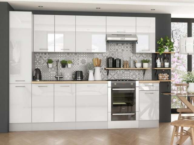 Scandi Style Kitchen Cupboards 8 Unit DIY Set Slim Larder 280cm White High Gloss - Ella - image 1