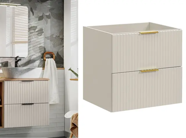 Bathroom Sink and Cabinet with Drawers Vanity Unit 600mm Wall Hung Floating Beige Ribbed Fluted Modern - Adel - image 1