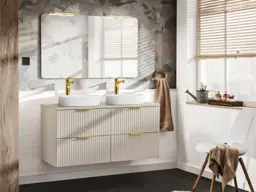 Bathroom Sink and Cabinet with Drawers Vanity Unit 600mm Wall Hung Floating Beige Ribbed Fluted Modern - Adel - thumbnail 3