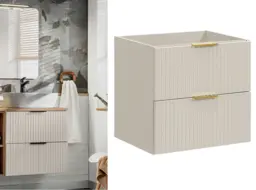 Bathroom Sink and Cabinet with Drawers Vanity Unit 600mm Wall Hung Floating Beige Ribbed Fluted Modern - Adel